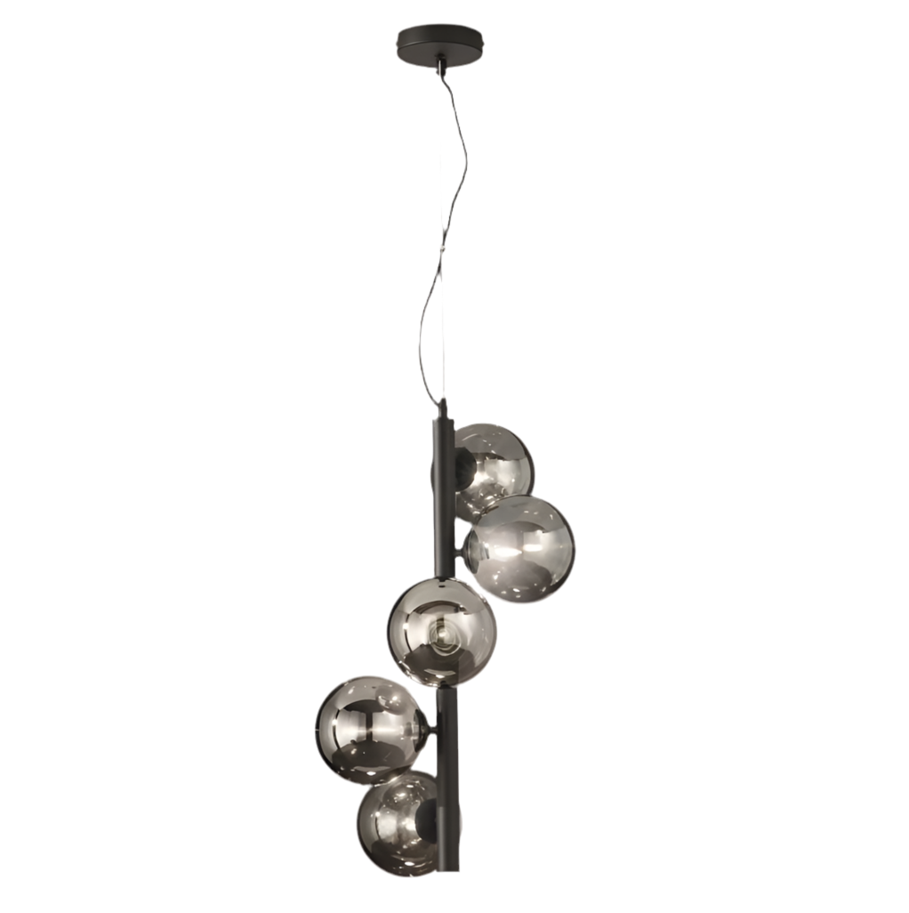 Sospensione 5 luci in metallo con sfere in vetro soffiato champagne o fumè 5XG9 non incl. MIELE Sospensione 5 luci in metallo con sfere in vetro soffiato champagne o fumè 5XG9 non incl. MIELE